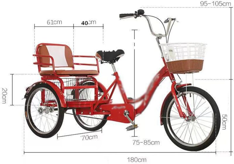 E+S09 Rikscha-Dreirad zusammenklappbares 3-Rad-Fahrrad Tandem-Dreirad mit Rücksitz mit stoßgedämpfter Vordergabel für Reisen und Entspannung mit Korb – Bild 8